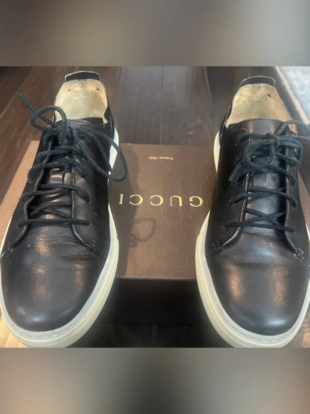 Authentic Gucci Black Leather Low-Top Sneakers with White Sole